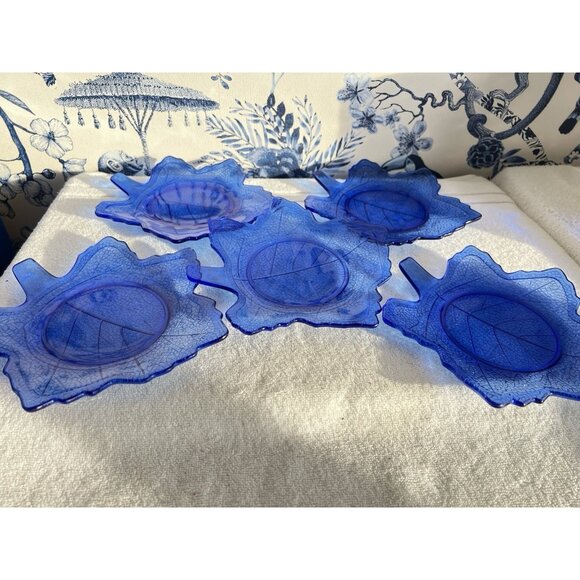 VTG Set 5 Cobalt Blue Maple Leaf Plate 8" L E Smith Vintage Mount Pleasant Salad - Picture 7 of 8